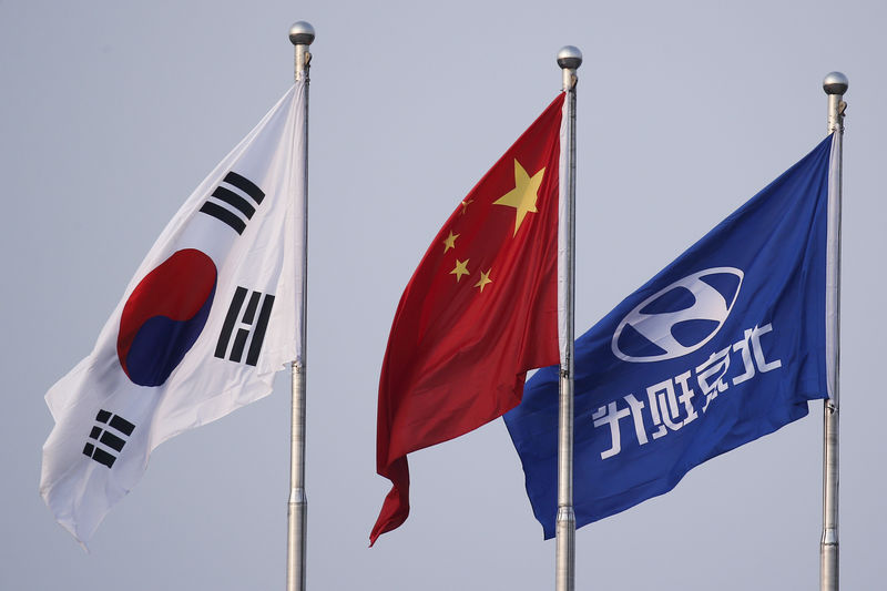 © Reuters. The South Korean and Chinese national flags fly alongside the company flag of Hyundai Motor Co at its plant in Beijing
