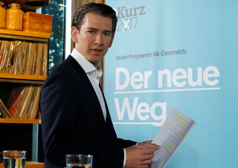 © Reuters. Austria's Foreign Minister Kurz arrives for a news conference presenting the OeVP's election programme in Vienna