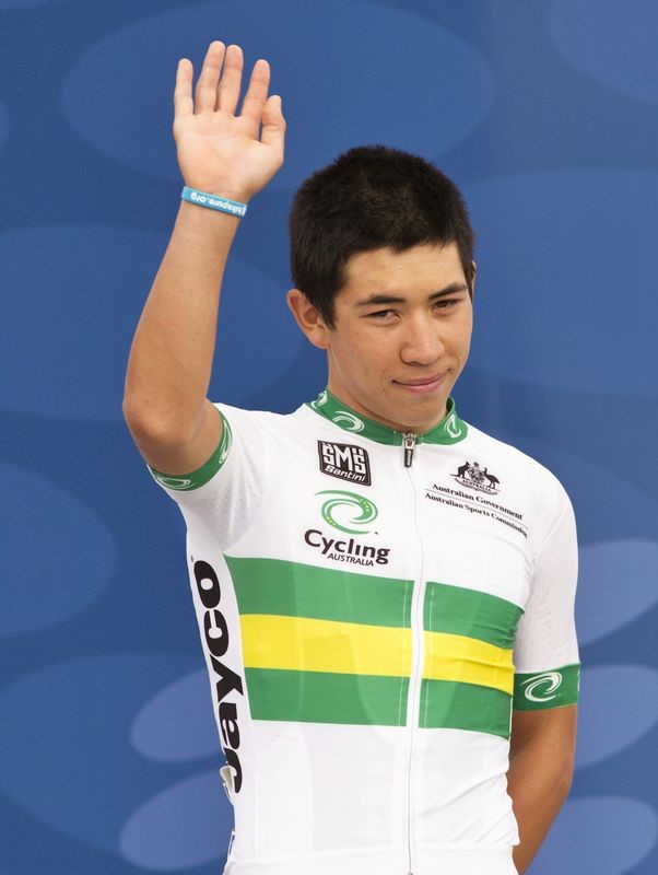 © Reuters. FILE PHOTO - Caleb Ewan of Australia celebrates on the podium at  the Men's Junior Road Race at the UCI Road World Championships in Valkenburg