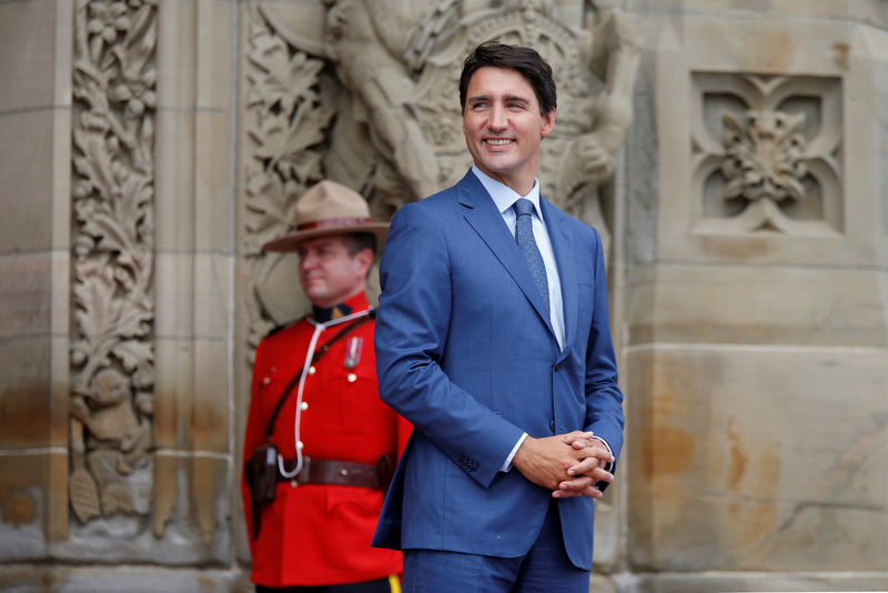 © Reuters. Canada's PM Trudeau waits to greet Jordan's King Abdullah on Parliament Hill in Ottawa