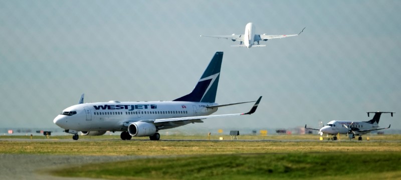 © Reuters. FILE PHOTO: A West Jet aircraft departs Vancouver International Airport in Richmond