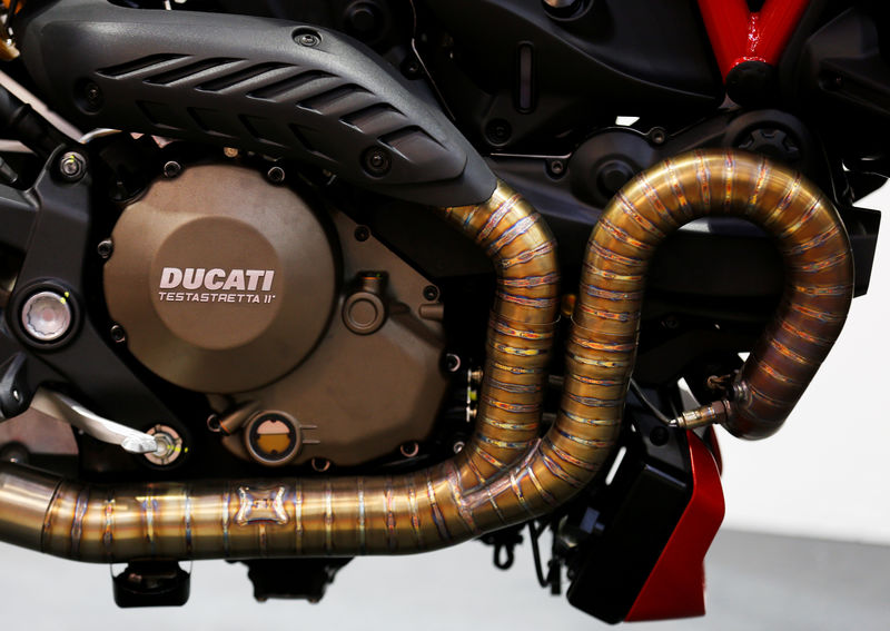 © Reuters. FILE PHOTO: The logo of Ducati is seen on a Monster Testastretta model during a Motor Day Exibition in Rome