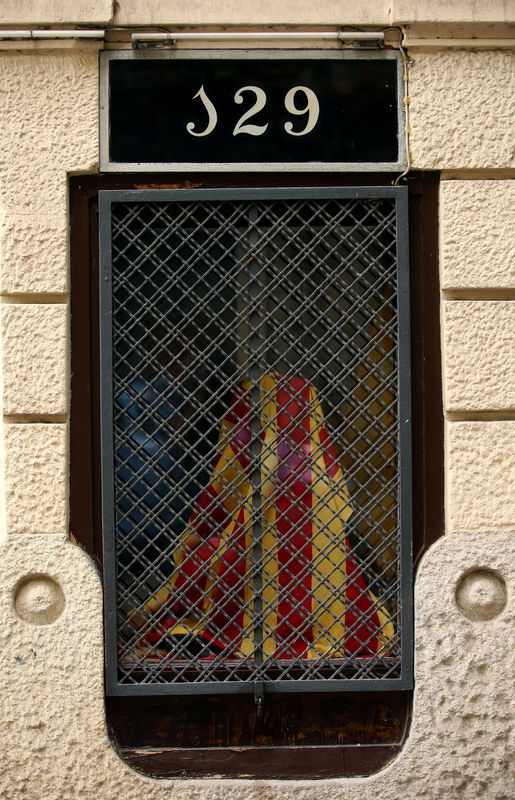 © Reuters. A "Senyera" (Catalan flag) is seen in a window shop in Barcelona