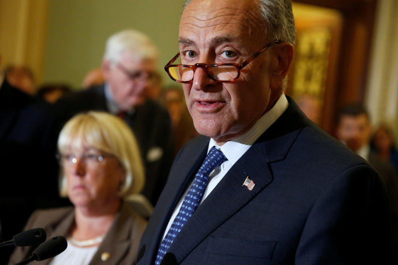 © Reuters. Senate Minority Leader Chuck Schumer (D-NY) speaks after a Democratic policy meeting on Capitol Hill in Washington