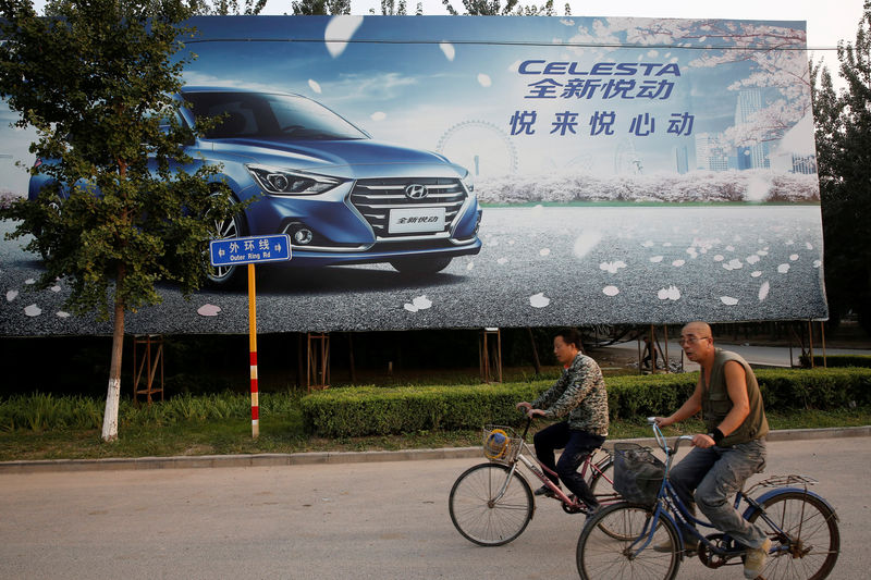 © Reuters. FILE PHOTO: Men cylce past an advertising billboard for Hyundai cars opposite the plant of Hyundai Motor Co in Beijing