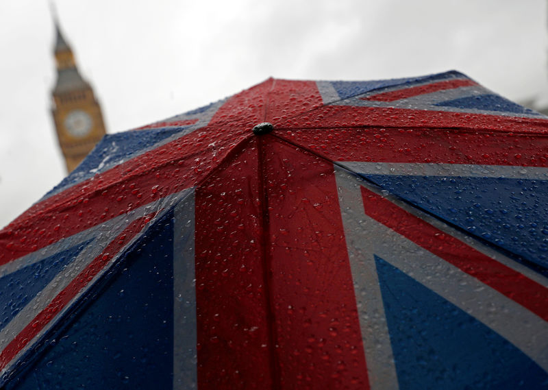 © Reuters. FILE PHOTO: A Union Flag umbrella is seen in front of the Elizabeth Tower, commonly known as Big Ben, in London