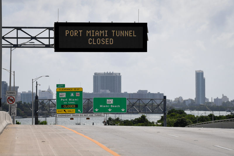 © Reuters. Signs warning of road closures are seen above the road in Miami Beach, Florida