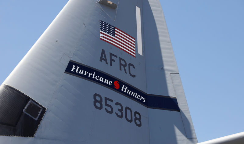 © Reuters. USAF WC-130J Super Hercules tail seen at Keesler Air Force Base before Hurricane Irma mission in Biloxi