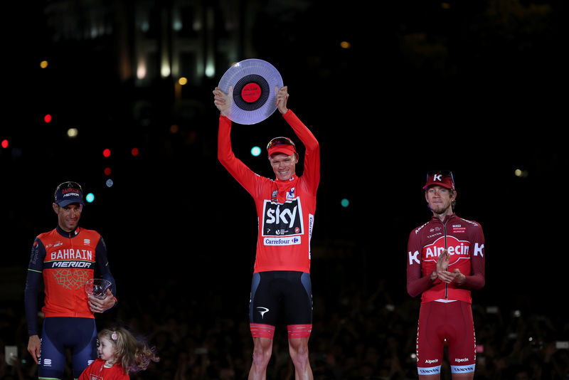 © Reuters. Team Sky rider Froome of Britain celebrates on the podium after winning the Vuelta Tour of Spain next to second-placed Bahrain-Merida Team rider Nibali of Italy and third-placed Katusha-Alpecin Team rider Zakarin of Russia in Madrid