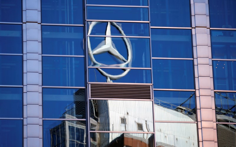 © Reuters. A Mercedes-Benz sign is seen reflected on a building in Warsaw