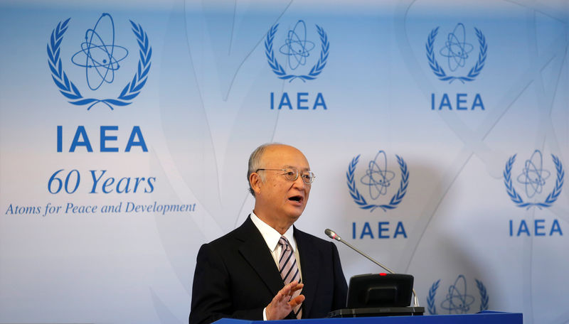 © Reuters. IAEA Director General Amano addresses a news conference during a board of governors meeting in Vienna