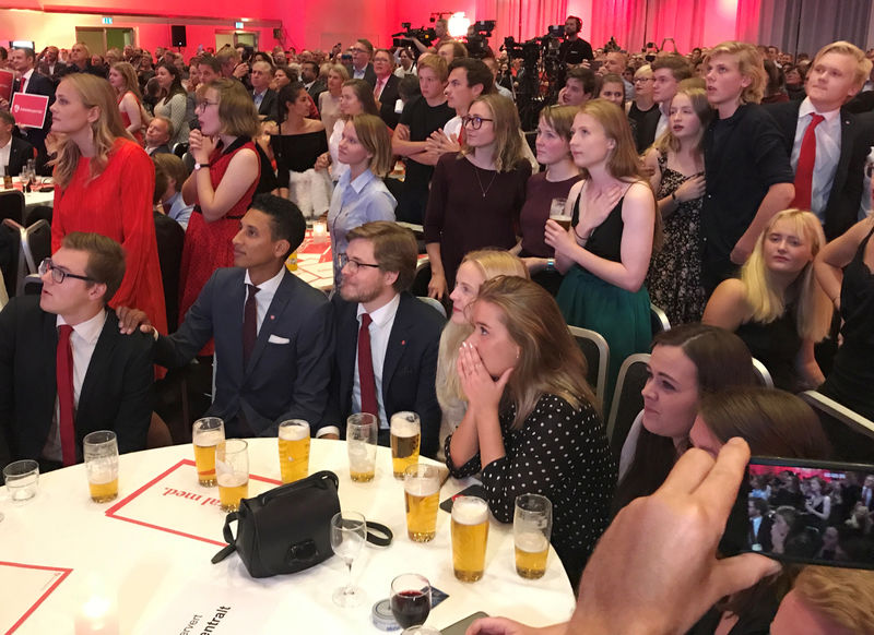 © Reuters. Norwegian Labour Party supporters react after publication of initial results and exit polls at election night party in Oslo