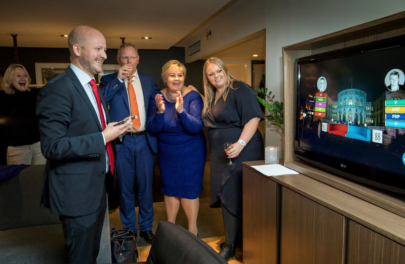 © Reuters. Norway's Prime Minister Erna Solberg reacts on the good results of Solberg's Conservative party Hoyre in Oslo