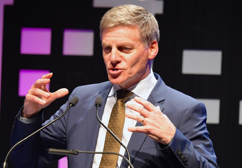 © Reuters. New Zealand Prime Minister English reacts as he speaks during an event held ahead of the national election at the Te Papa Museum in Wellington