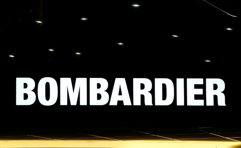 © Reuters. A logo of jet manufacturer Bombardier is pictured on their booth during EBACE in Geneva