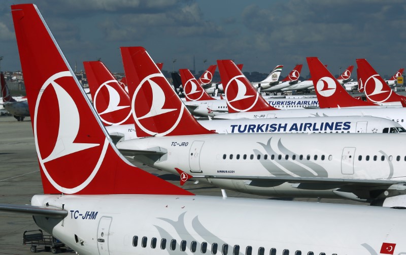 © Reuters. Turkish Airlines aircrafts are parked at the Ataturk International airport in Istanbul