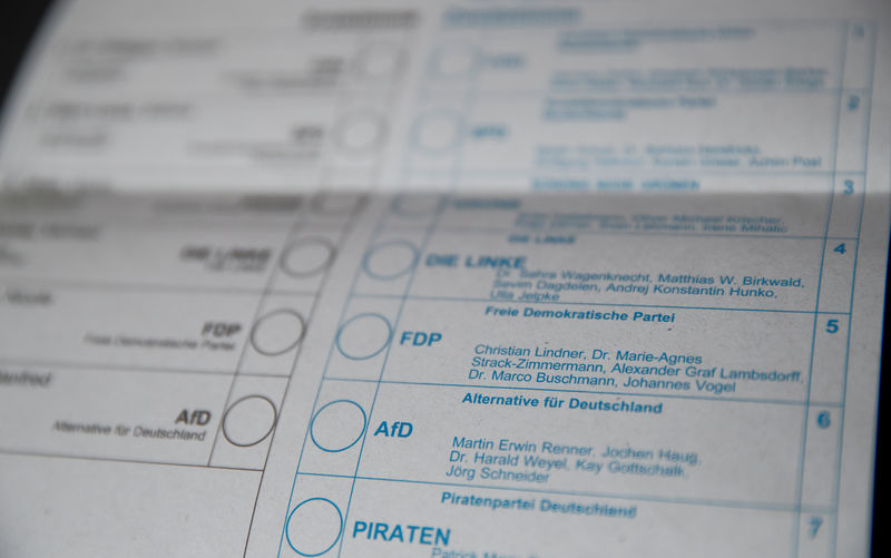 © Reuters. The focus of a picture of original voting papers for Germany's general election is set on Germany's anti-immigration party Alternative fuer Deutschland AfD in Bad Honnef