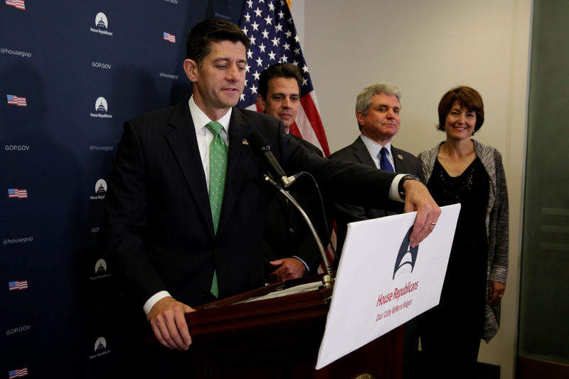 © Reuters. House Speaker Paul Ryan (R-WI) adjusts a podium sign