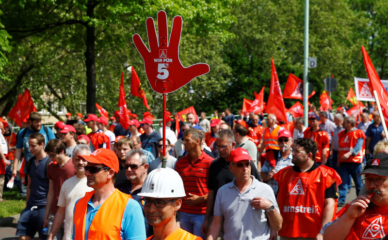 © Reuters. FILE PHOTO: A worker has a sign on helmet with text 'We are for 5%' as steel workers of Germany's IG Metall union protest for higher wages in Cologne