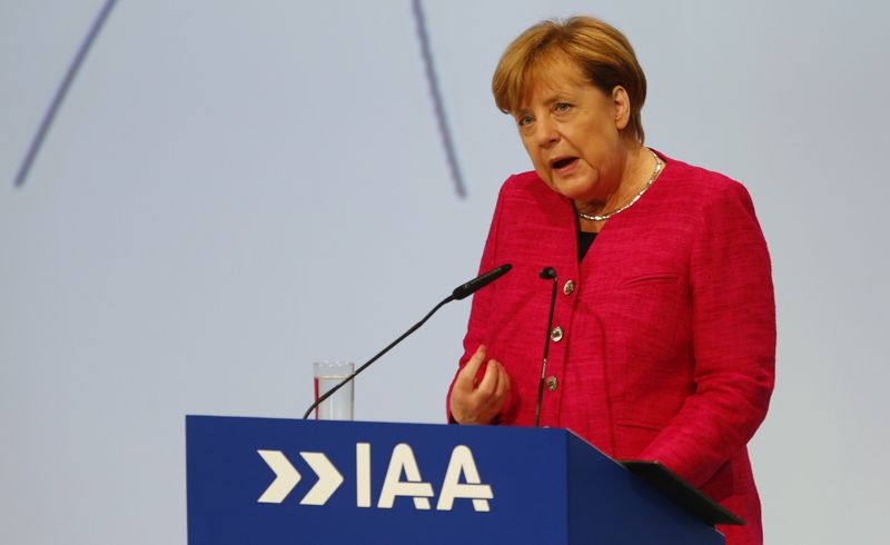 © Reuters. German chancellor Merkel speaks during the opening of the Frankfurt Motor Show