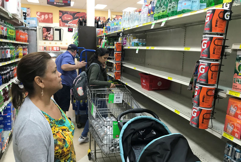 © Reuters. A shopper in Sedano's Supermarket looks at nearly empty water shelves in the Little Havana neighborhood in Miami