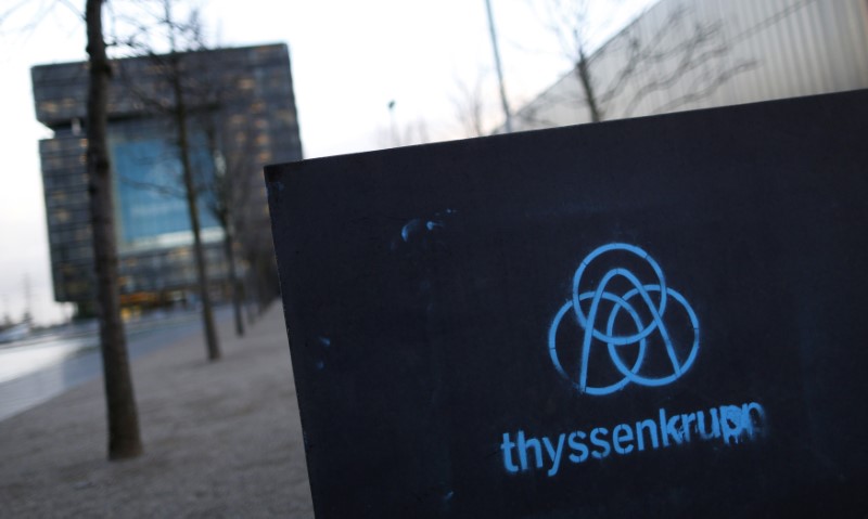 © Reuters. The new logo of the ThyssenKrupp AG, Germany's industrial conglomerate, is seen in front of their headquarters before the annual news conference in Essen