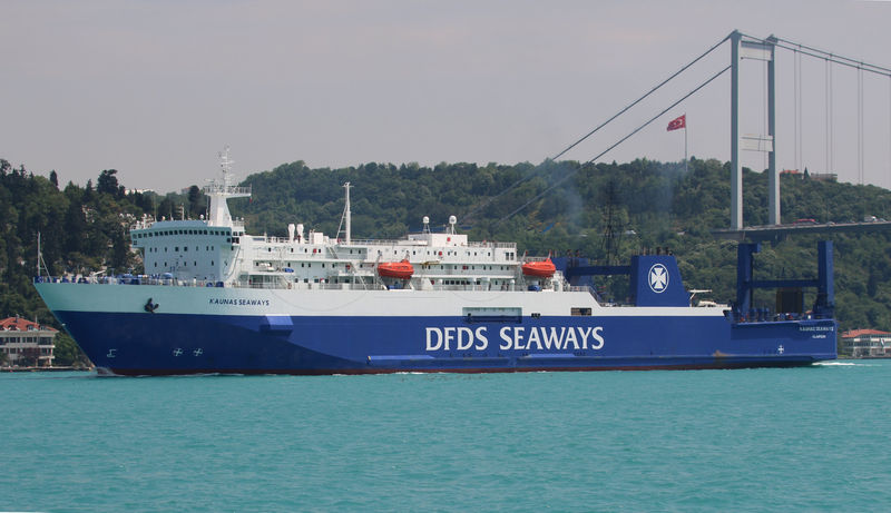 © Reuters. Denmark's DFDS owned Kaunas Seaways sets sail in the Bosphorus on its way to the Black Sea, in Istanbul