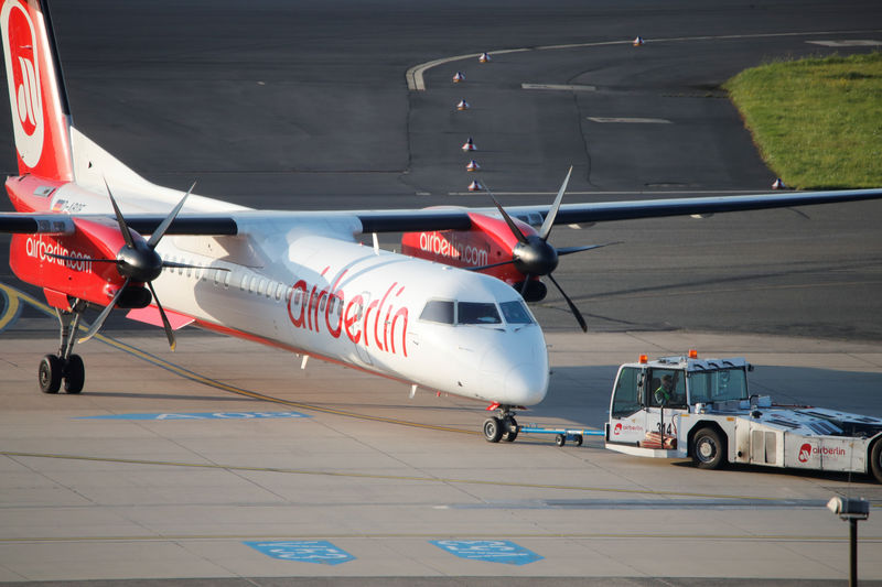 © Reuters. An AirBerlin aircraft is being towed at Duesseldorf airport