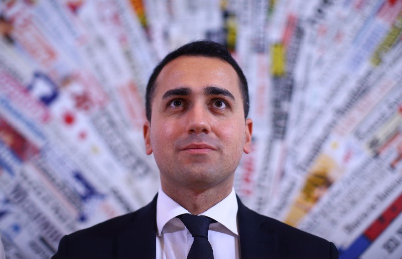 © Reuters. FILE PHOTO: Luigi Di Maio of the 5-Star Movement looks on as he attends a news conference in Rome