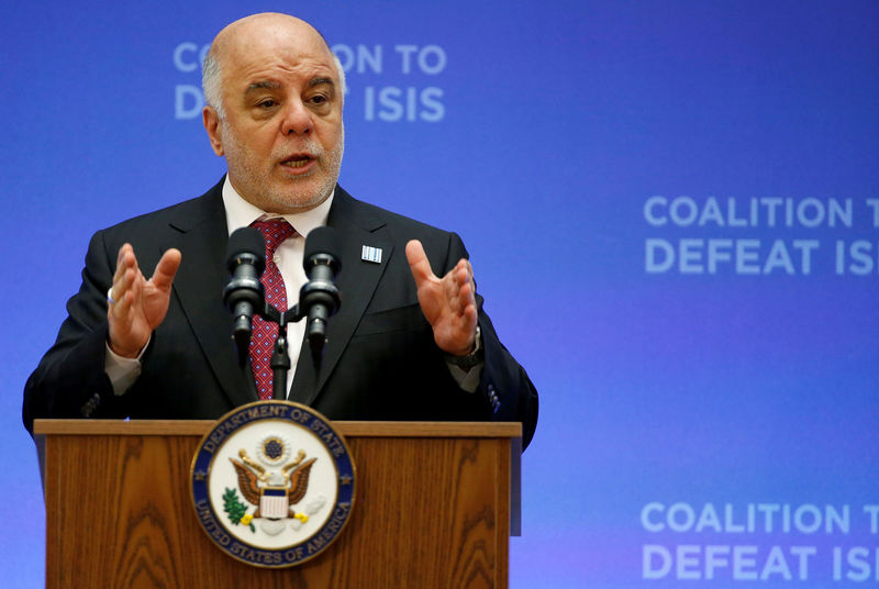 © Reuters. FILE PHOTO:Iraqi Prime Minister Haider al-Abadi delivers remarks at the morning ministerial plenary for the Global Coalition working to Defeat ISIS at the State Department in Washington