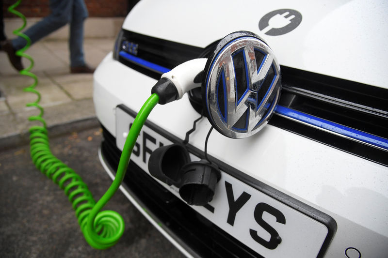 © Reuters. FILE PHOTO: An electric Volkswagen car is plugged into a recharging point in central London