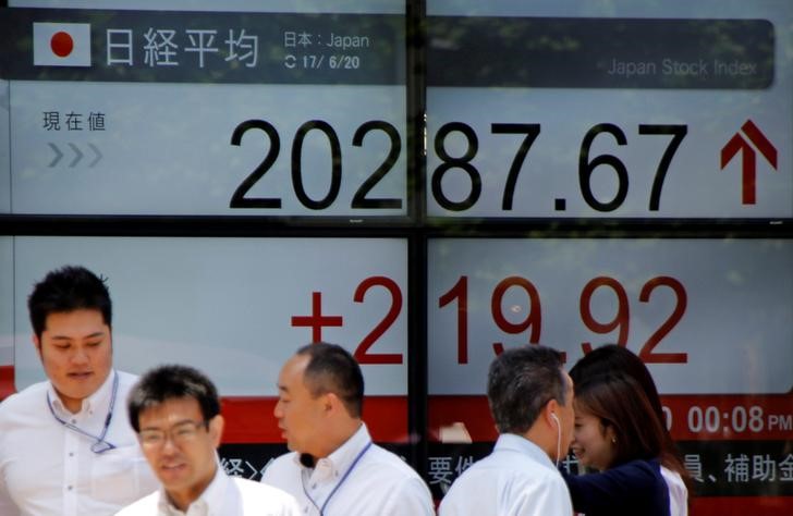 © Reuters. FILE PHOTO - People walk past an electronic board showing Japan's Nikkei average outside a brokerage in Tokyo