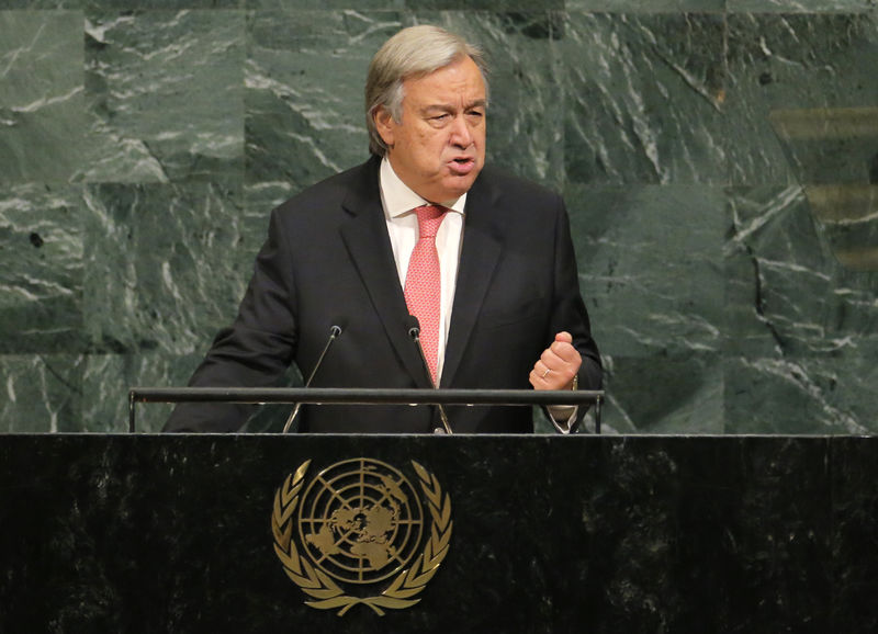 © Reuters. Secretário-geral da ONU, António Guterres, durante pronunciamento na Assembleia Geral, em Nova York