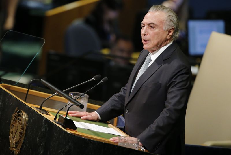 © Reuters. Brazilian President Temer addresses the 72nd United Nations General Assembly at U.N. headquarters in New York