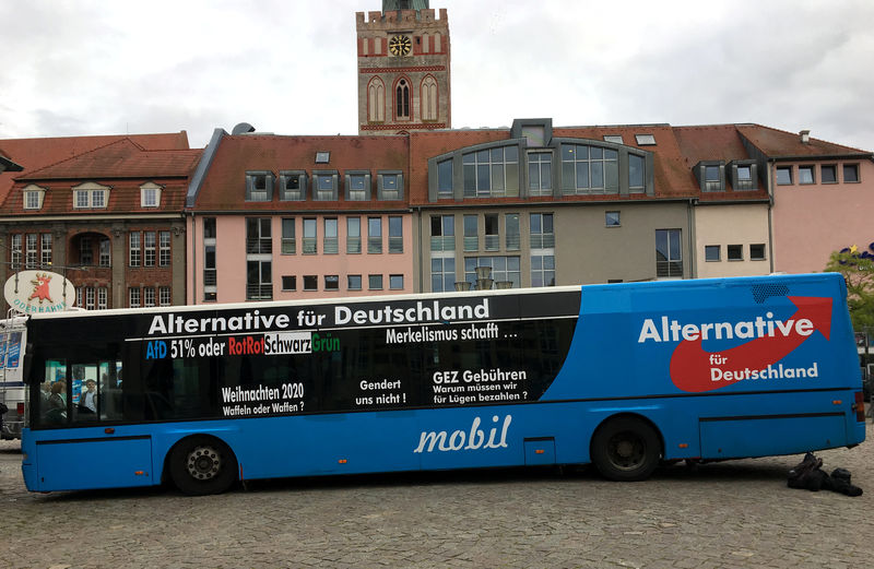 © Reuters. Election campaign bus of Germany's far-right Alternative for Deutschland (AfD) in Frankfurt Oder