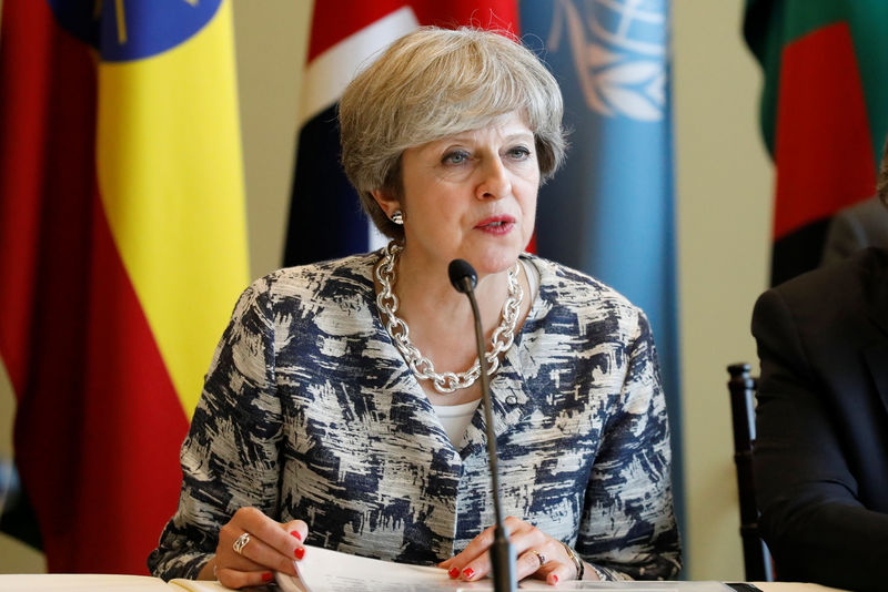 © Reuters. British Prime Minister Theresa May speaks during a meeting on action to end modern slavery and human trafficking on the sidelines of the 72nd United Nations General Assembly at U.N. Headquarters in New York