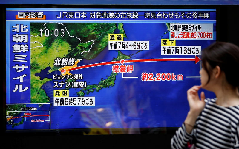 © Reuters. FILE PHOTO: A passerby looks at a TV screen reporting news about North Korea's missile launch in Tokyo