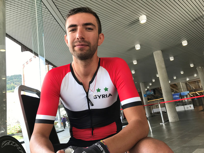 © Reuters. Cyclist Badreddin Ahmad Wais of Syria poses for a picture in Bergen