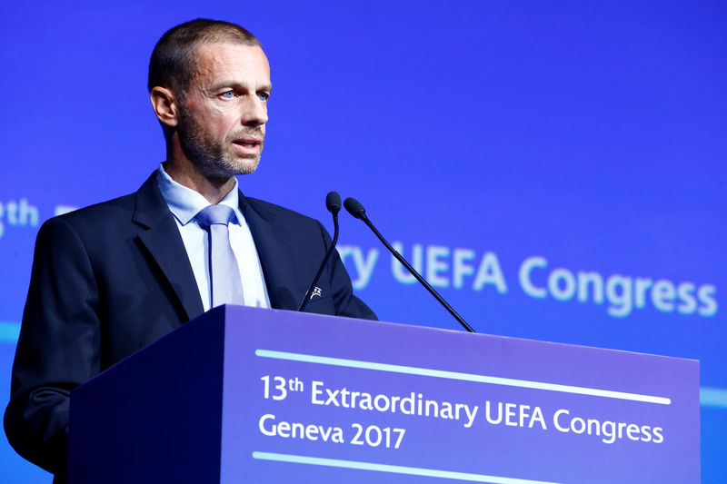 © Reuters. UEFA president Ceferin speaks in Geneva