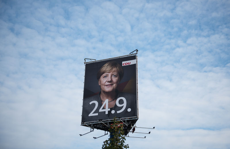 © Reuters. CDU election campaign poster with Angela Merkel is displayed in Wustermark near Berlin