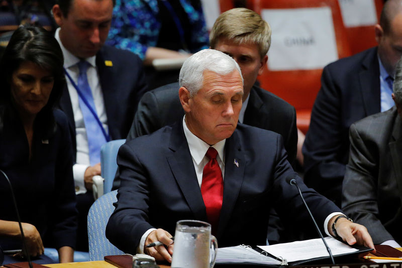 © Reuters. U.S. Vice President Mike Pence prepares to speak during a meeting of the Security Council to discuss peacekeeping operations during the 72nd United Nations General Assembly at U.N. headquarters in New York