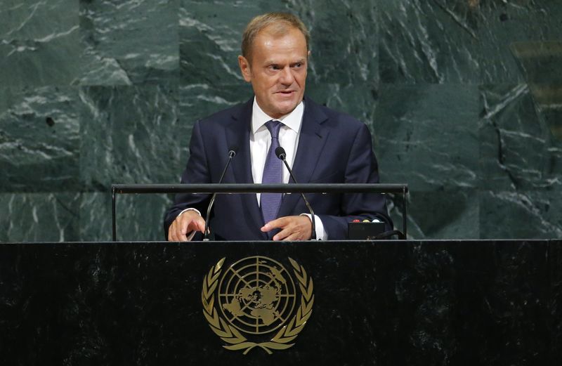 © Reuters. FILE PHOTO - European Union President Tusk addresses the 72nd United Nations General Assembly at U.N. headquarters in New York