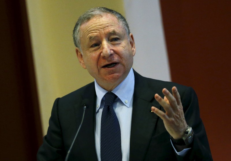 © Reuters. FIA President Jean Todt speaks during an event on Action for Road Safety next to Luis Alberto Moreno of the Inter-American Development Bank outside the Hermanos Rodriguez circuit in Mexico City