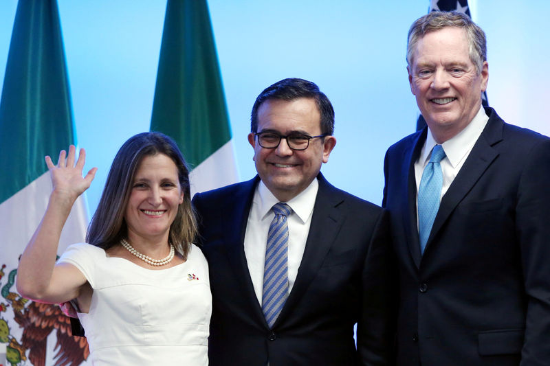 © Reuters. FILE PHOTO: Canadian Foreign Minister Chrystia Freeland Mexico's Economy Minister Ildefonso Guajardo and U.S. Trade Representative Robert Lighthizer in Mexico City