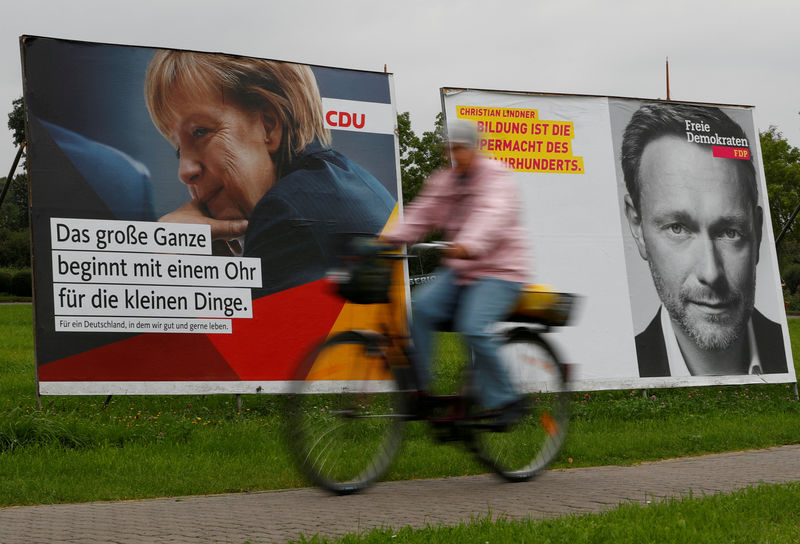 © Reuters. FILE PHOTO: Election campaign posters show German Chancellor Angela Merkel and the leader of the Free Democratic Party Christian Lindner in Ribnitz-Damgarten