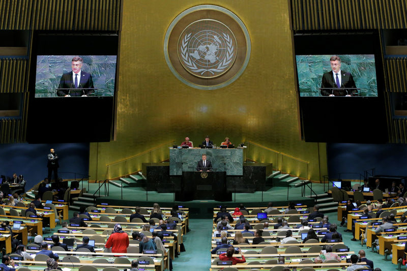 © Reuters. Croatian Prime Minister, Andrej Plenkovic, addresses the 72nd United Nations General Assembly at U.N. headquarters in New York