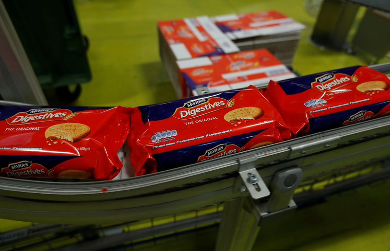 © Reuters. Packaged biscuits move along the production line of Pladis' McVities factory in London