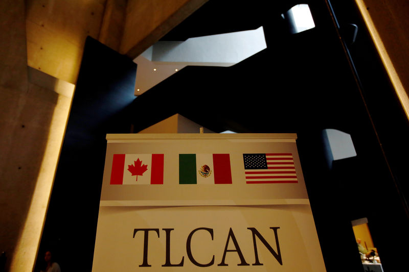 © Reuters. NAFTA banner is pictured where the second round of NAFTA talks involving the United States, Mexico and Canada is taking place in Mexico City