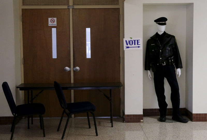 © Reuters. FILE PHOTO: A sign marking the location of the polling station for the Wisconsin presidential primary election is seen at the Milwaukee Police Safety Academy in Milwaukee Wisconsin