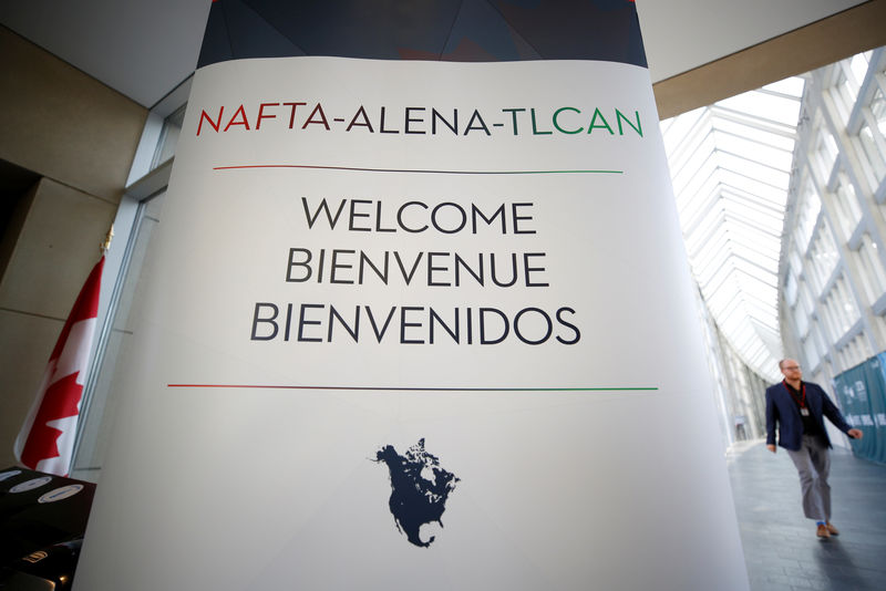 © Reuters. A sign is pictured where the third round of NAFTA talks is taking place in Ottawa